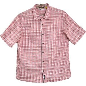 Cabelas Mens Coolmax Seersucker Shirt L Red‎ White Plaid Short Sleeve UPF30